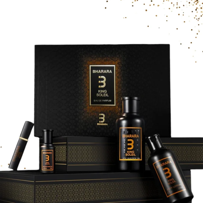 Bharara-King-Soleil-Gift-Set-4-Pcs (1) Bharara Set King Soleil 100ml + 10ml + Crema 200ml + Perfumero